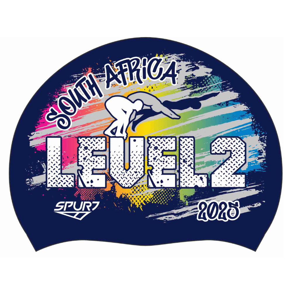 Level 2 2025 Rainbow blend behind Swimmer on F208 Dark Navy Spurt Silicone Swim Cap