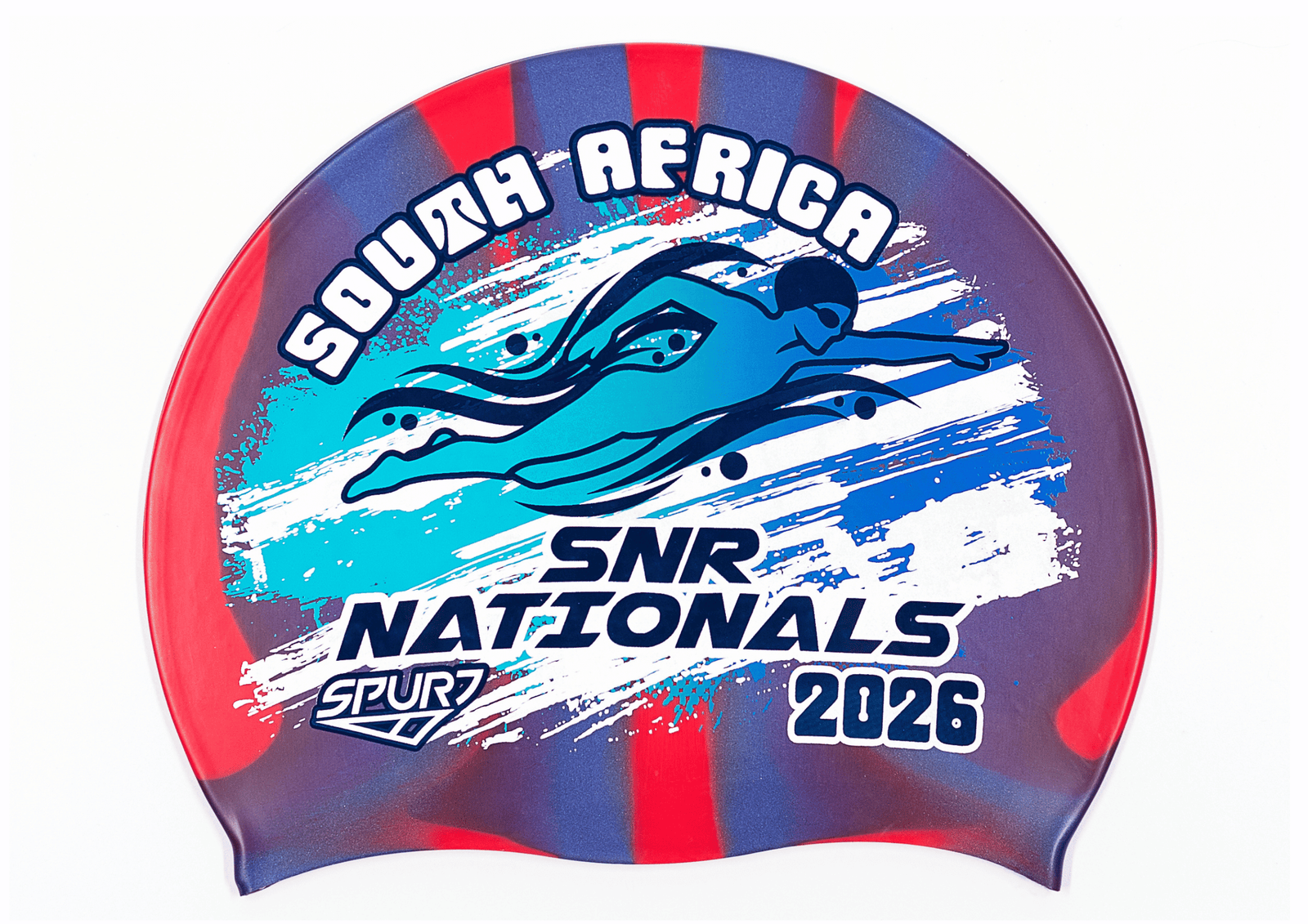 SANS 2026 in Slanted Font and Grungy Brush on Mi120 Red and Navy Vertical Stripes  Spurt Silicone Swim Cap