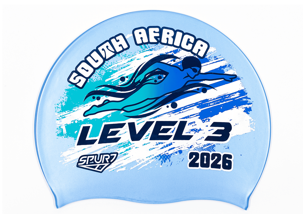 LEVEL 3 2026 in Slanted Font and Grungy Brush on SB12 Lavender Blue  Spurt Silicone Swim Cap