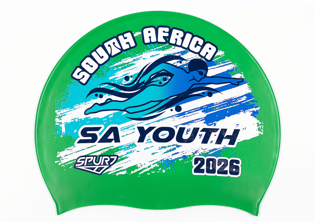 SA YOUTH 2026 in Slanted Font and Grungy Brush on F217 Mid Green  Spurt Silicone Swim Cap
