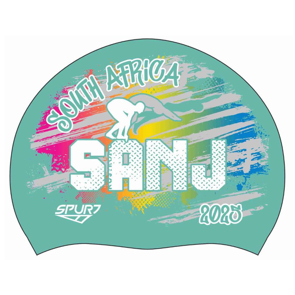 SANJ 2025 Rainbow blend behind diving Swimmer on SD13 Pale Aquamarine Green Spurt Silicone Swim Cap