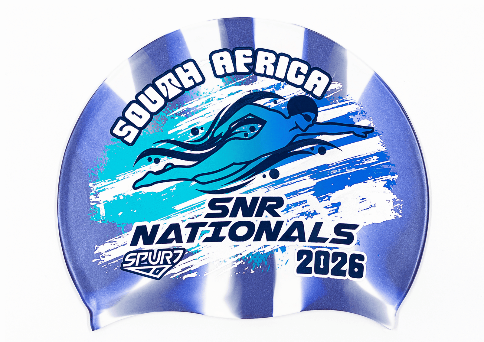 SANS 2026 in Slanted Font and Grungy Brush on Mi138 Navy and White Vertical Stripes  Spurt Silicone Swim Cap