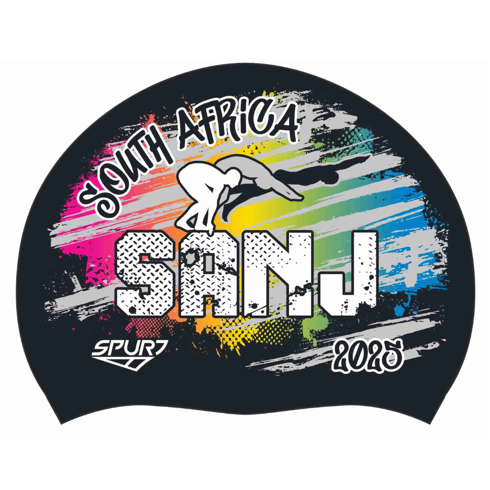 SANJ 2025 Rainbow blend behind diving Swimmer on Matte Black Spurt Silicone Swim Cap