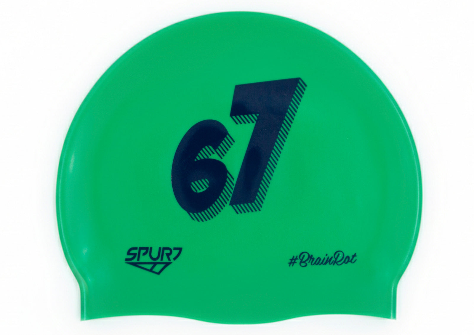 BrainRot 67 on F217 Mid Green Spurt Silicone Swim Cap