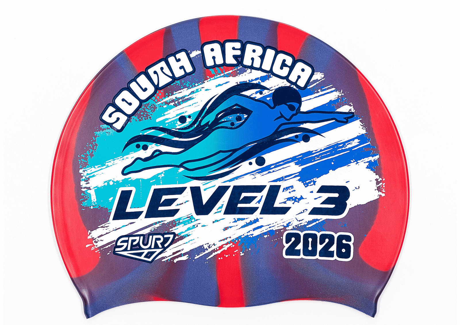 LEVEL 3 2026 in Slanted Font and Grungy Brush on Mi120 Red and Navy Vertical Stripes  Spurt Silicone Swim Cap