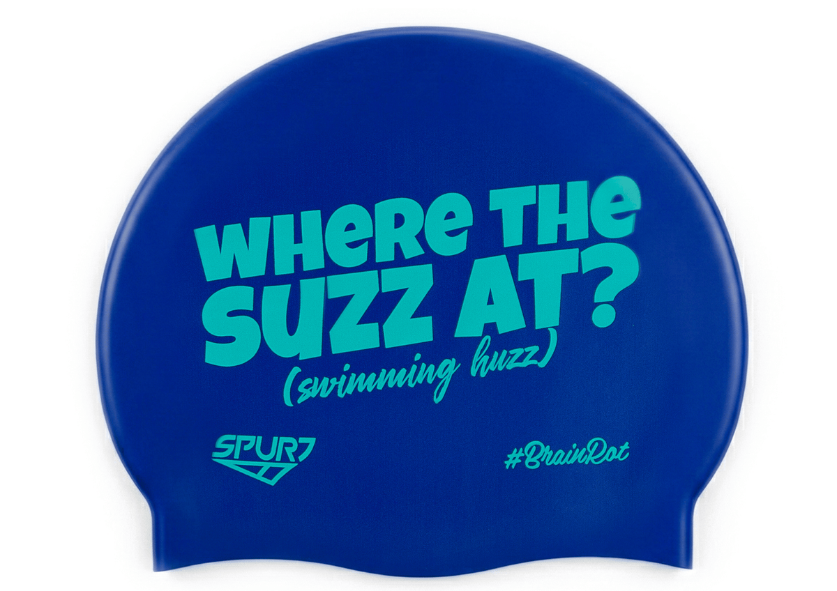 BrainRot Where The Suzz At on F206 Rich Blue Spurt Silicone Swim Cap