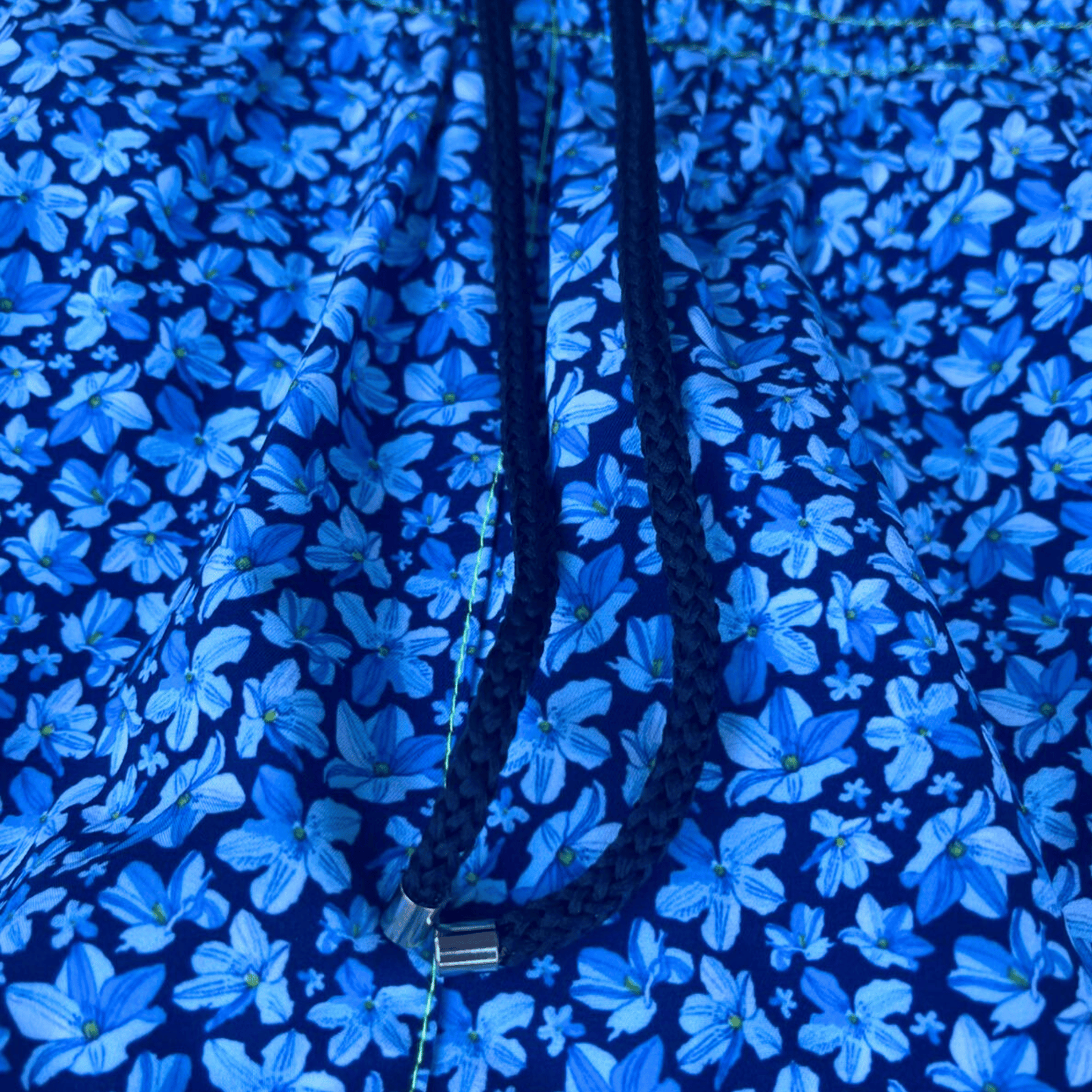 Kikx Dark Blue Midnight Bloom Board Shorts with Neon Yellow Mesh Mid Thigh Inner