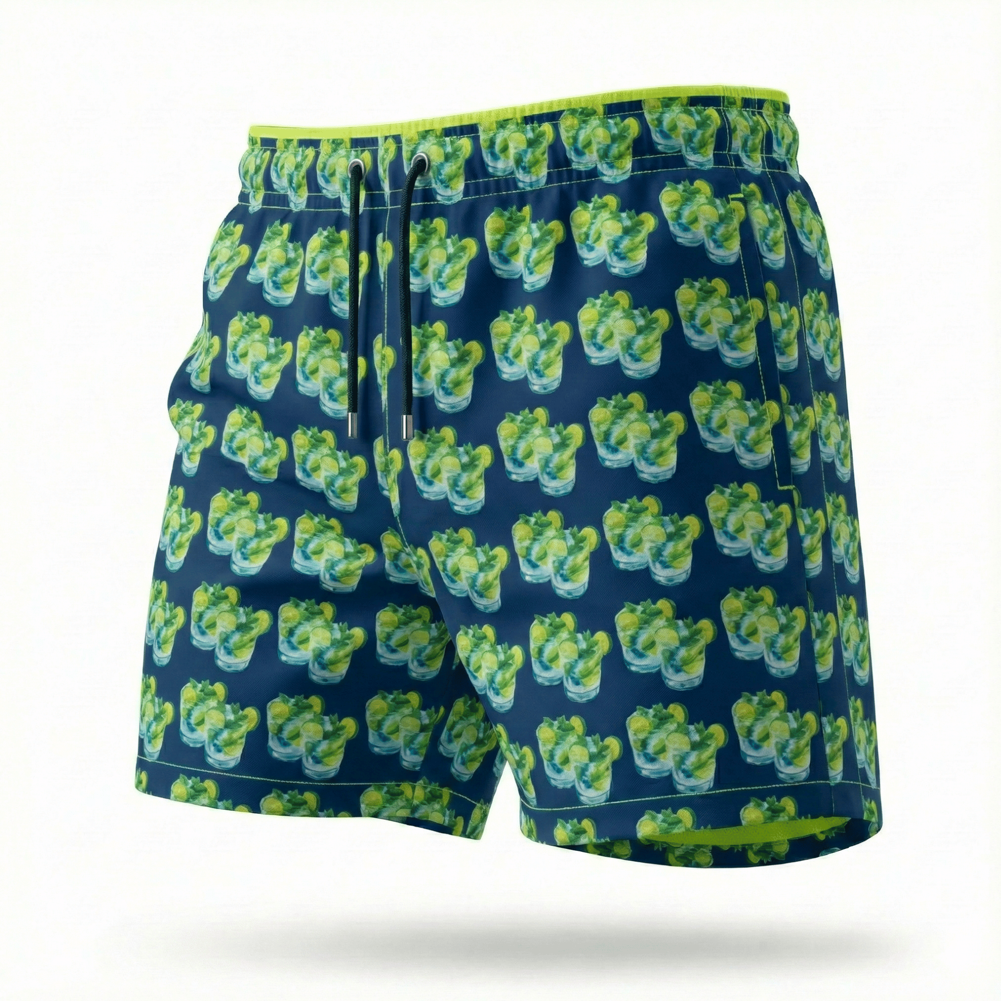 Kikx Navy Mojito Splash Board Shorts with Neon Yellow Mesh Mid
