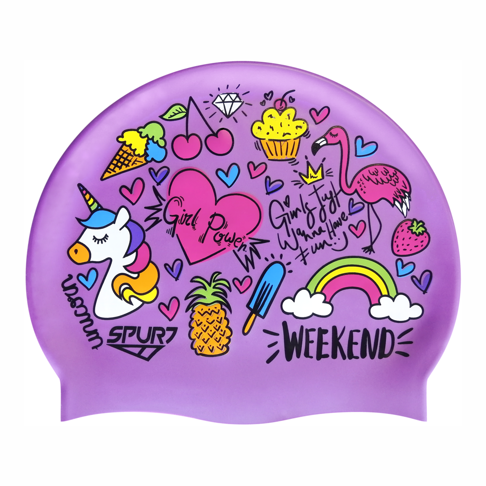 Unicorn and Summer Theme on SB18 Violet Spurt Silicone Swim Cap