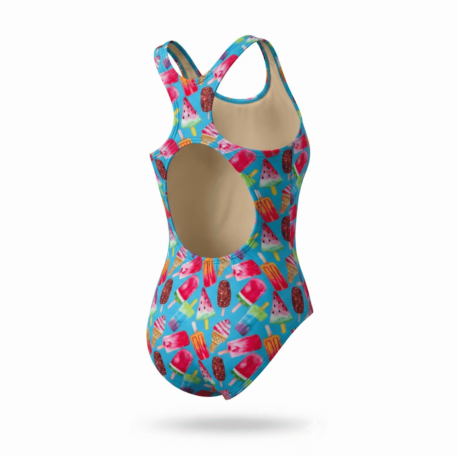 Kikx Extra Life Fastback Swimsuit in Fruity Frostbite Design on Light Blue Background