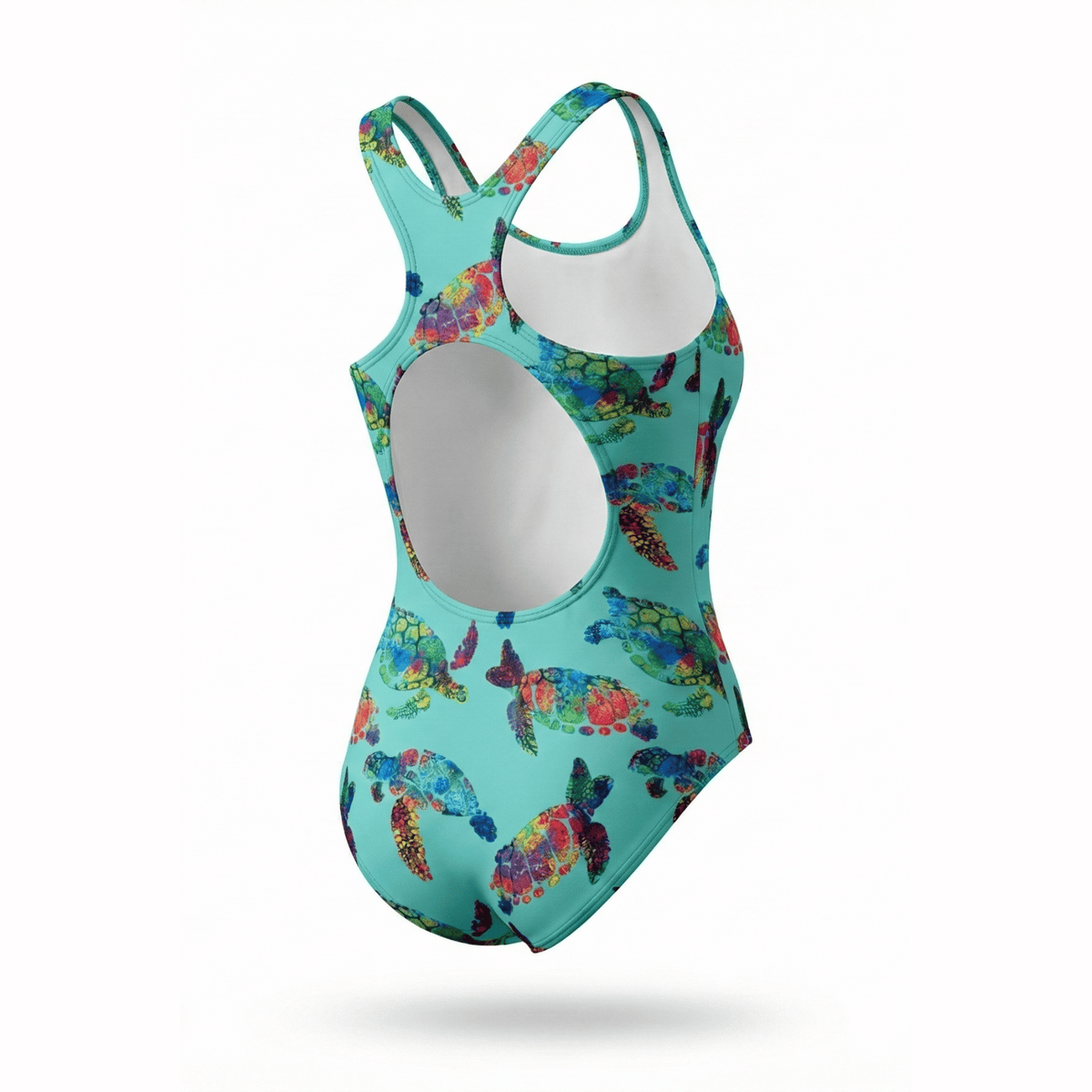 Kikx Extra Life Fastback Swimsuit in Turtle Tango Design on Teal