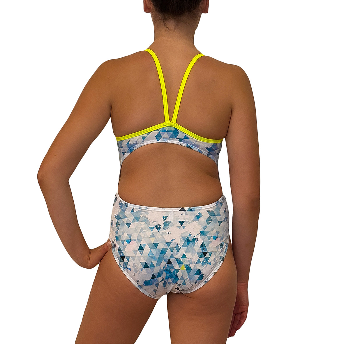 Kikx Extra Life Thin Strap Swimsuit in Diamond Dazzle Design on Grey and white background with Neon Yellow Straps