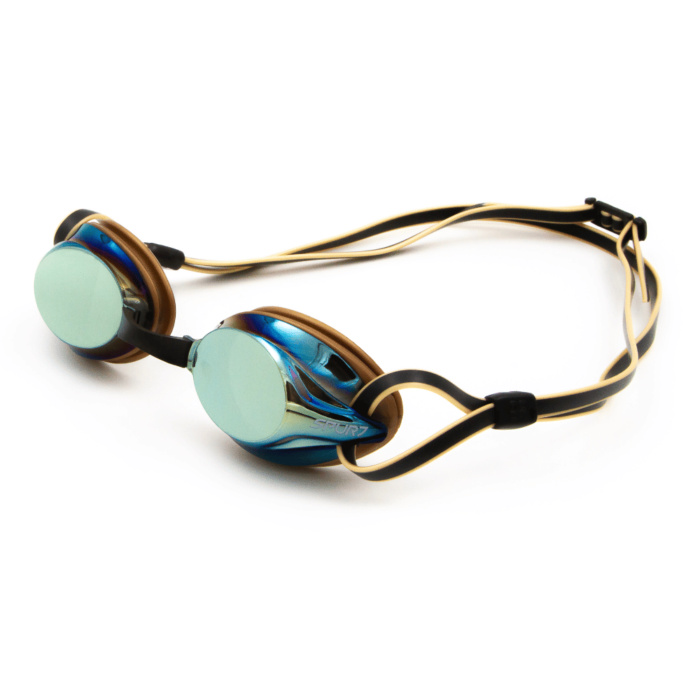 Spurt Tempo R7 Senior Goggle in Black and Gold with Mirror Oil-slick Blue and Gold Lens and Dark Tint
