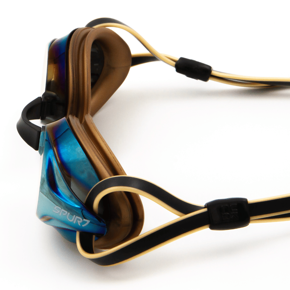 Spurt Tempo R7 Senior Goggle in Black and Gold with Mirror Oil-slick Blue and Gold Lens and Dark Tint