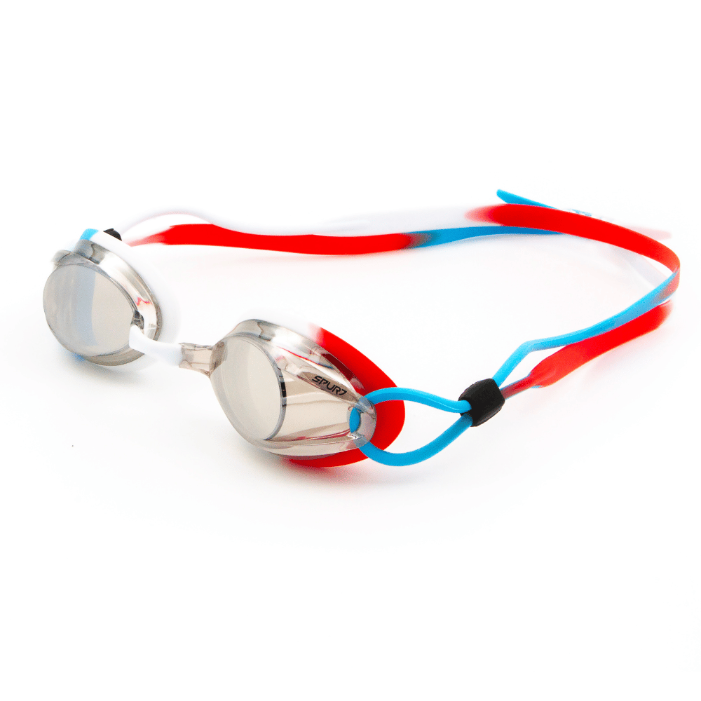 Spurt Hydro R8 Senior Goggle in White, Red and Sky Blue with Mirror Silver Lens and Light Tint