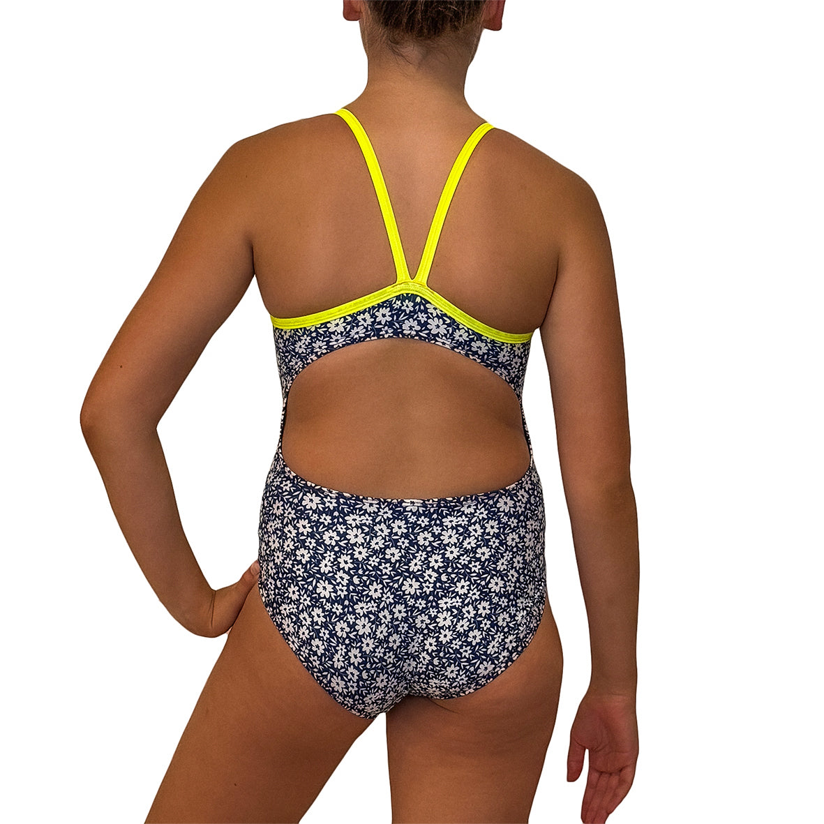 Kikx Extra Life Thin Strap Swimsuit in Ditzy Blooms in White on Dark Navy with Neon Yellow Straps