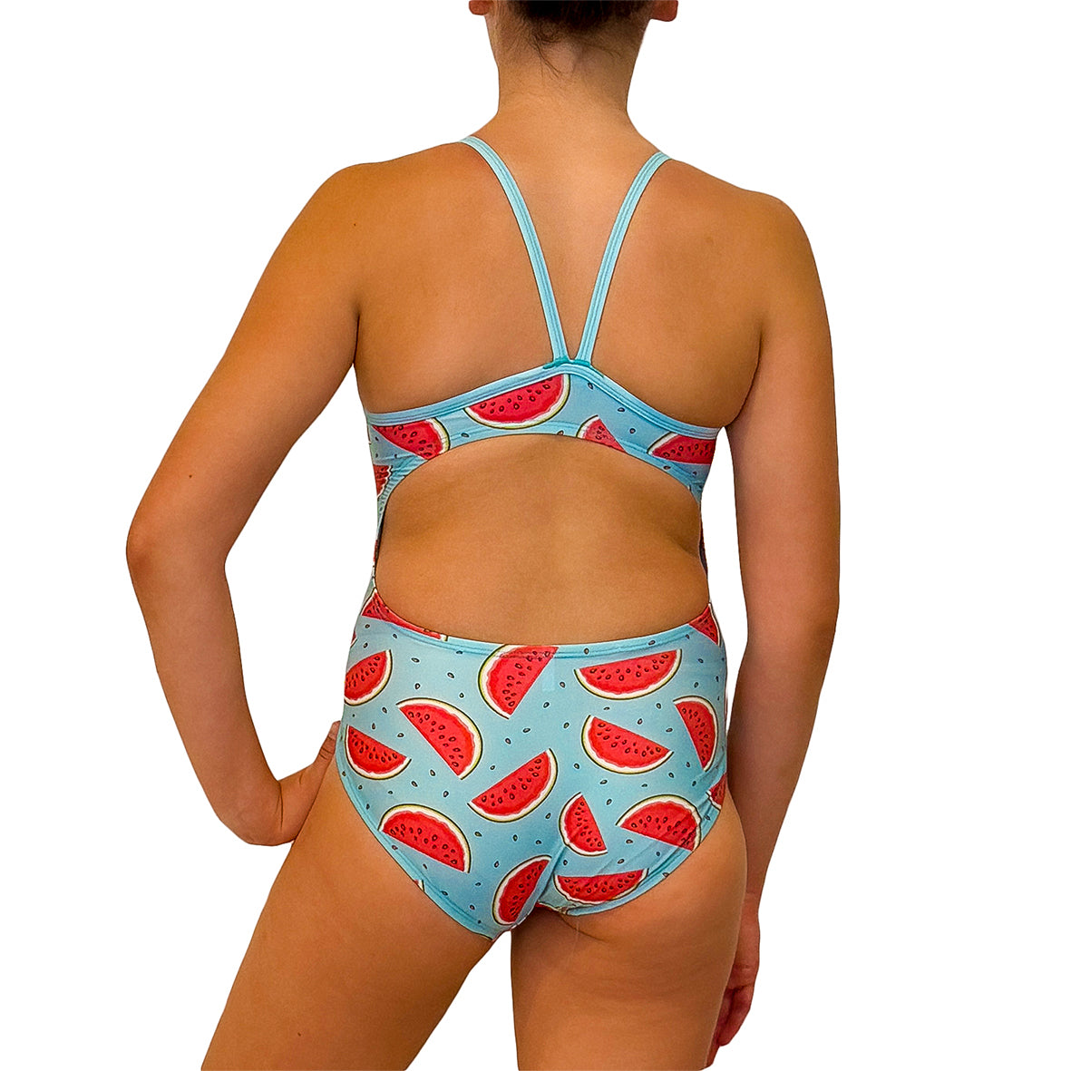 Kikx Extra Life Thin Strap Swimsuit in Summer Candy Watermelon design with Aquamarine Straps