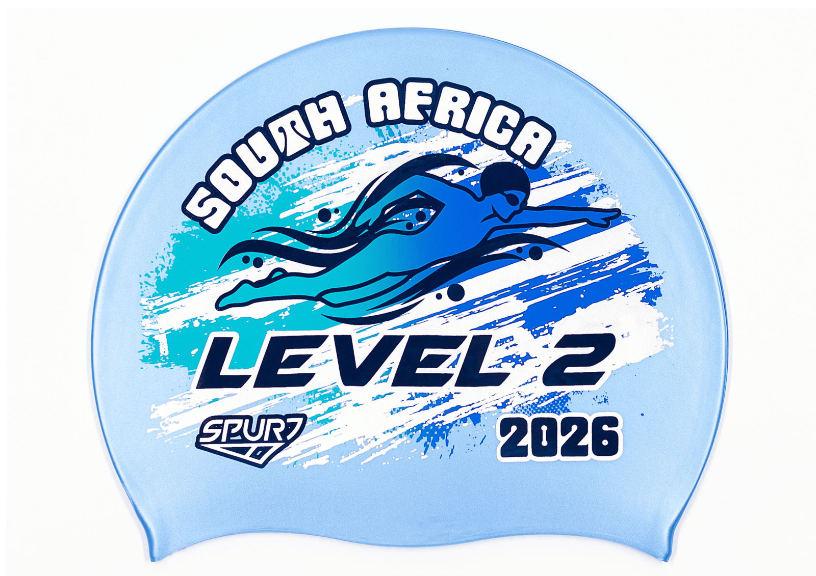 LEVEL 2 2026 in Slanted Font and Grungy Brush on SB12 Lavender Blue  Spurt Silicone Swim Cap