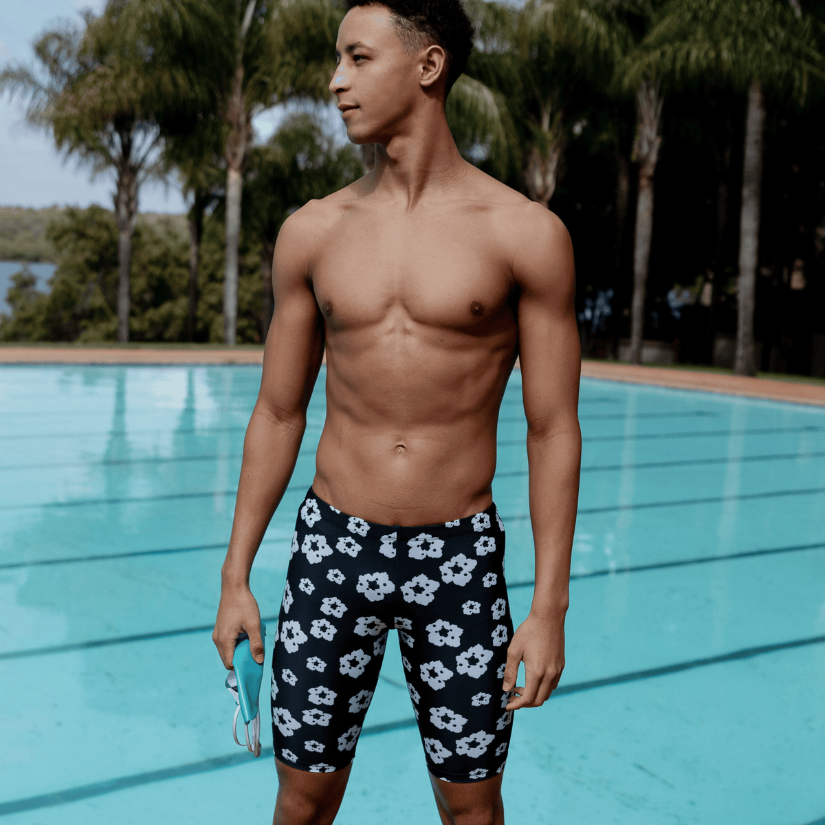 Kikx Extra Life Jammer Swimsuit in Urban Garden White Floral Design on Black