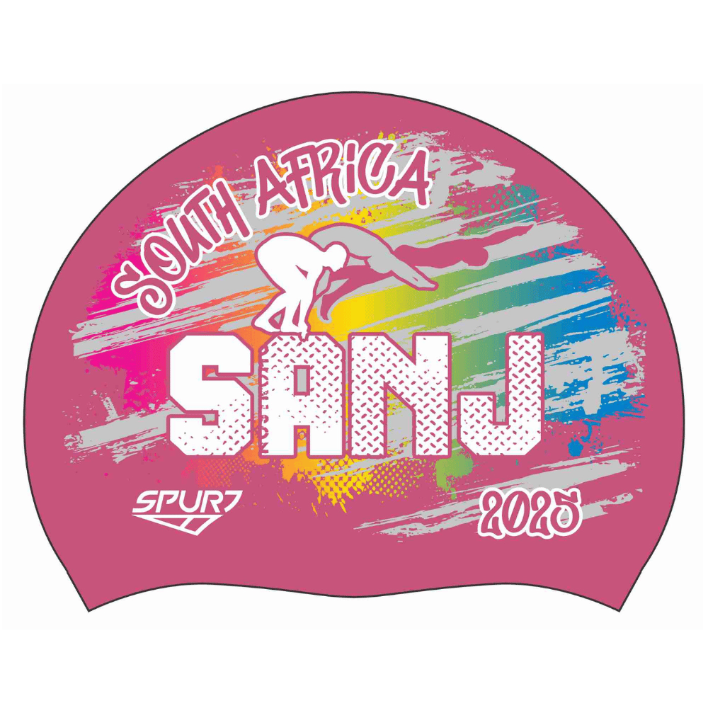 SANJ 2025 Rainbow blend behind diving Swimmer on SH87 Dark Pink Spurt Silicone Swim Cap