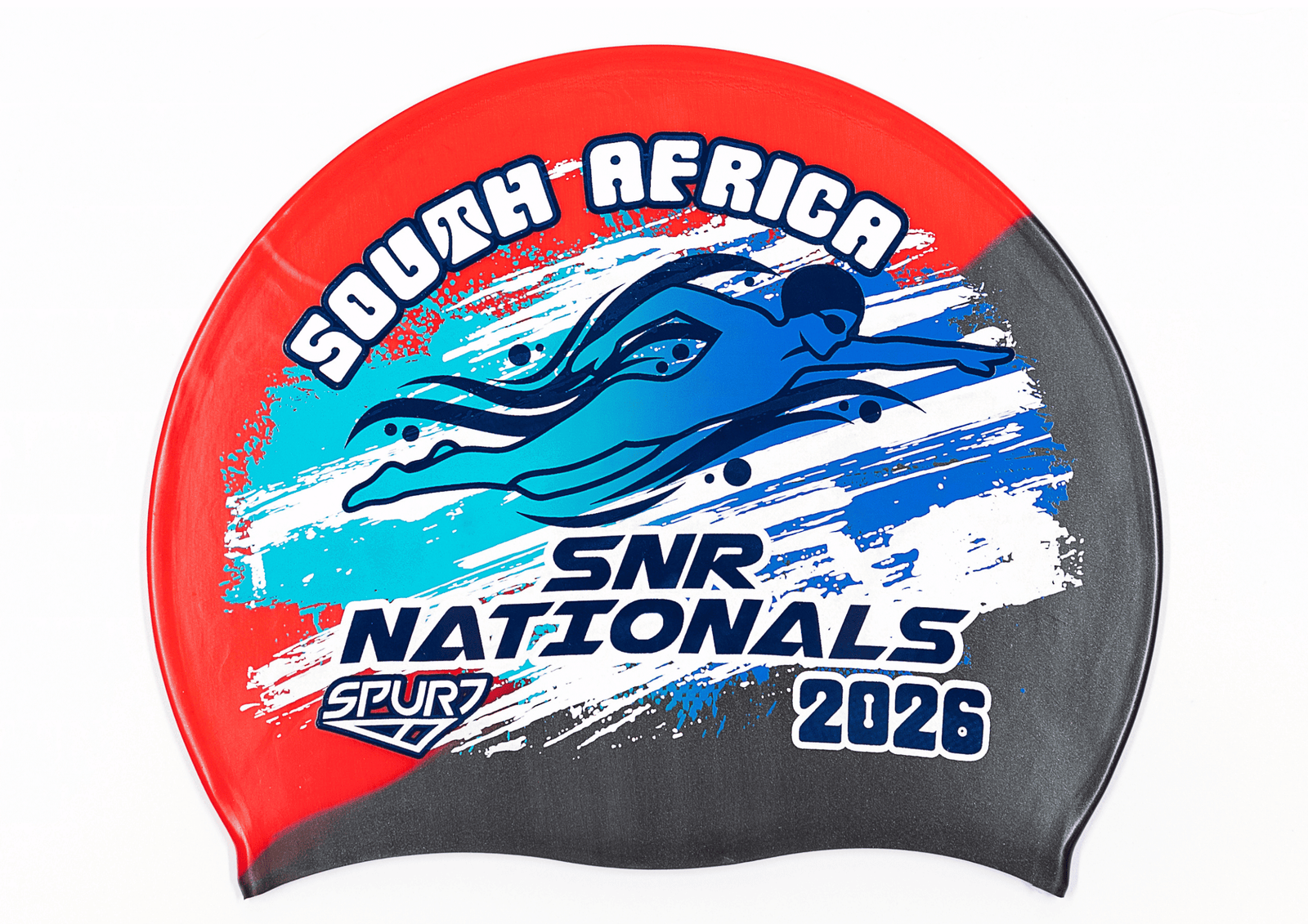 SANS 2026 in Slanted Font and Grungy Brush on MW92 Red and Black Diagonal Blend  Spurt Silicone Swim Cap