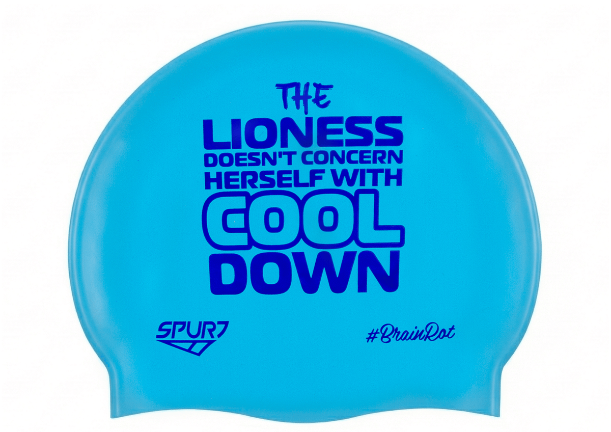 BrainRot Lioness on F230 Light Sky Blue Spurt Silicone Swim Cap