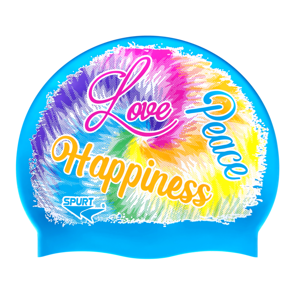 Peace, Love and Happiness over Tie-Dye Swirl on F218 Sky Blue Spurt Silicone Swim Cap