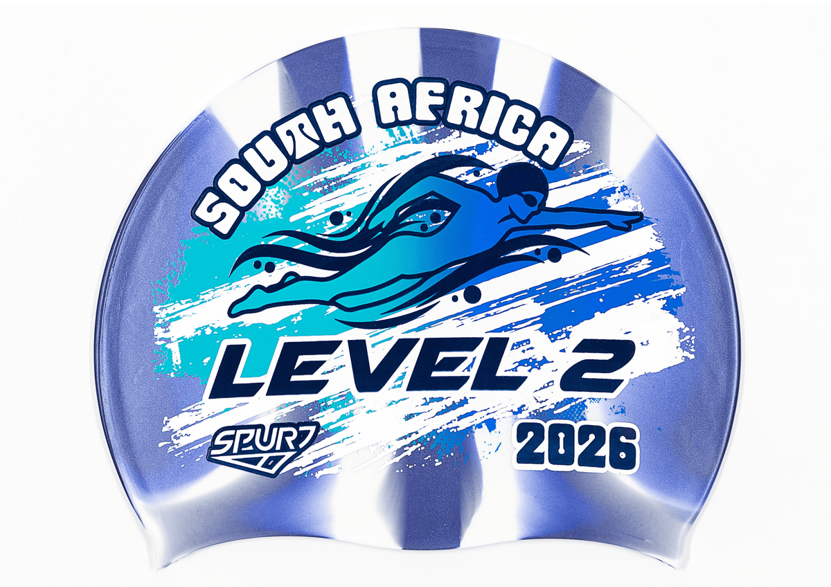 LEVEL 2 2026 in Slanted Font and Grungy Brush on Mi138 Navy and White Vertical Stripes  Spurt Silicone Swim Cap