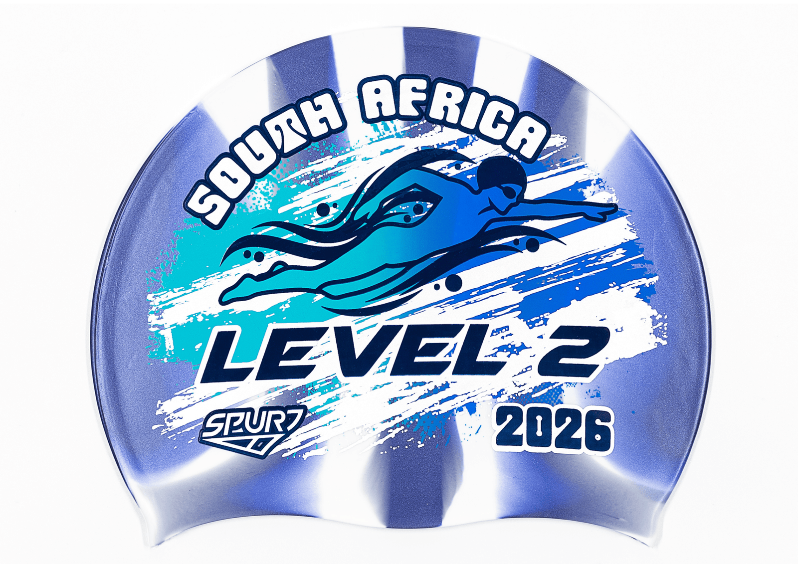 LEVEL 2 2026 in Slanted Font and Grungy Brush on Mi138 Navy and White Vertical Stripes  Spurt Silicone Swim Cap