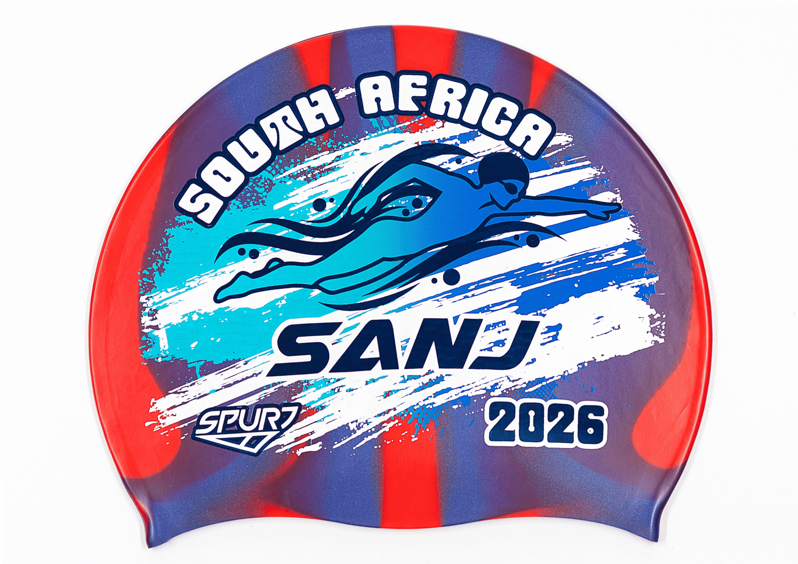 SANJ 2026 in Slanted Font and Grungy Brush on Mi120 Red and Navy Vertical Stripes  Spurt Silicone Swim Cap