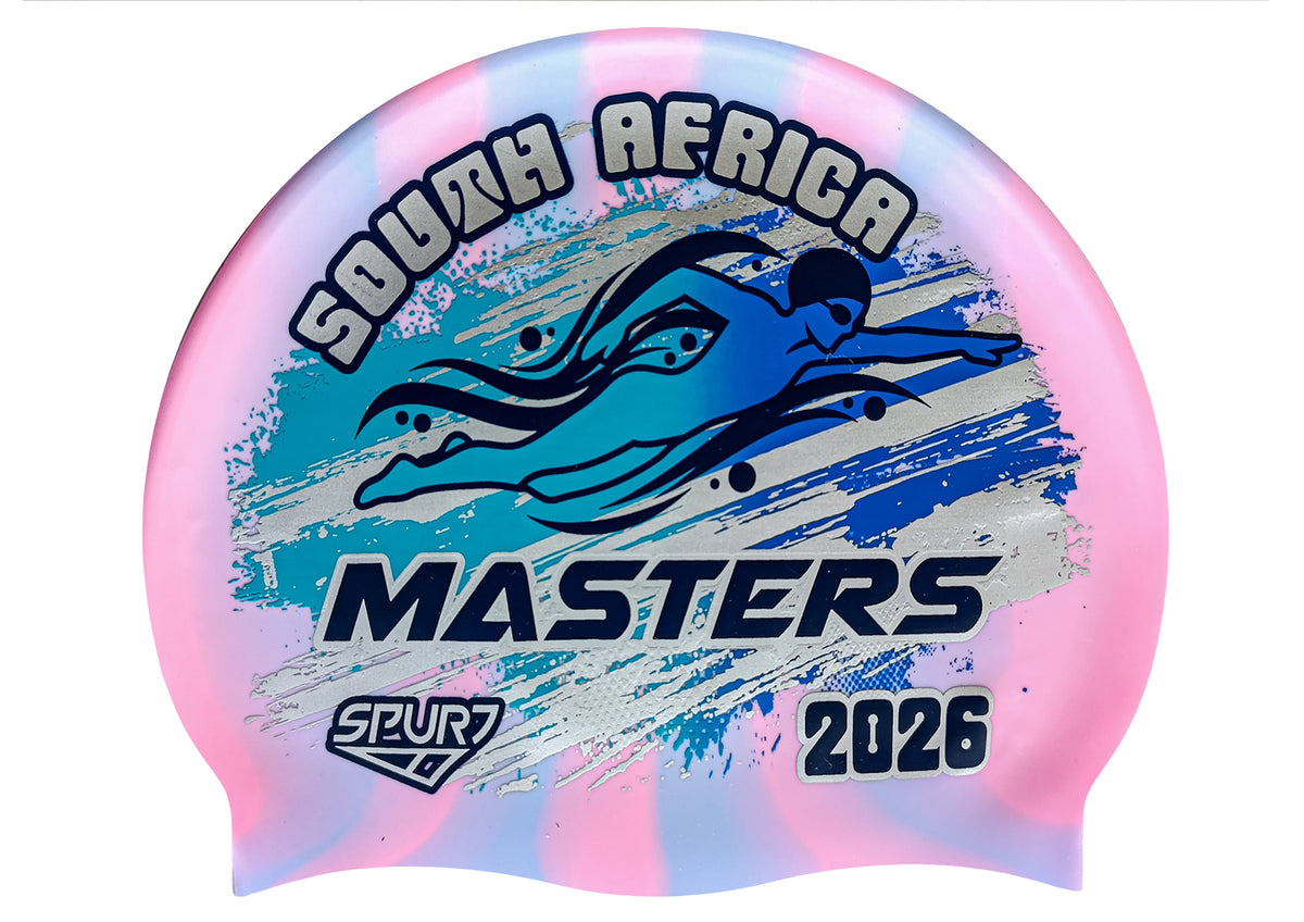 MASTERS 2026 in Slanted Font and Grungy Brush on Mi126 Light Pink &amp; Light Blue Vertical Stripes Spurt Silicone Swim Cap