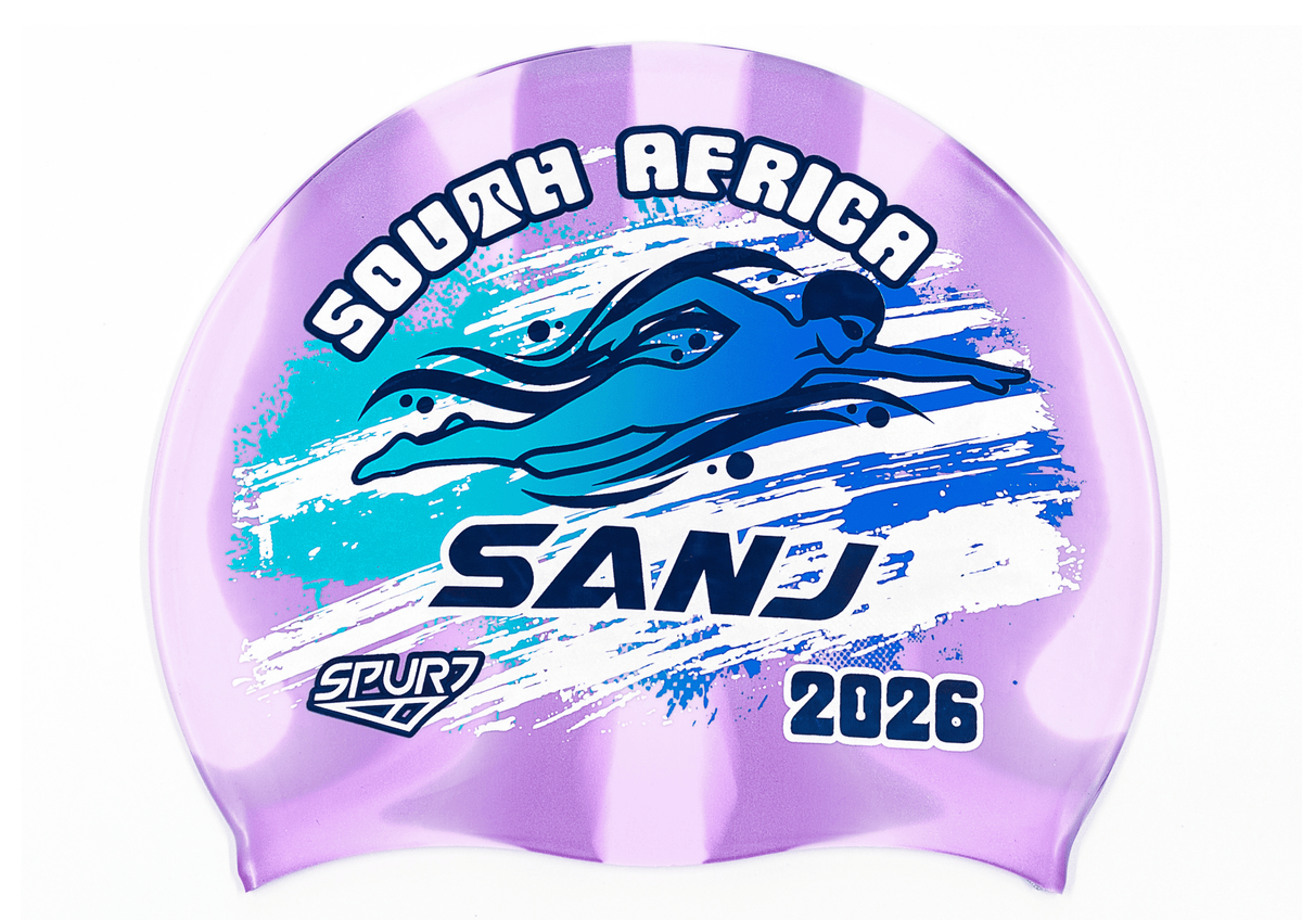 SANJ 2026 in Slanted Font and Grungy Brush on Mi110 Violet and Light Purple Vertical Stripes  Spurt Silicone Swim Cap