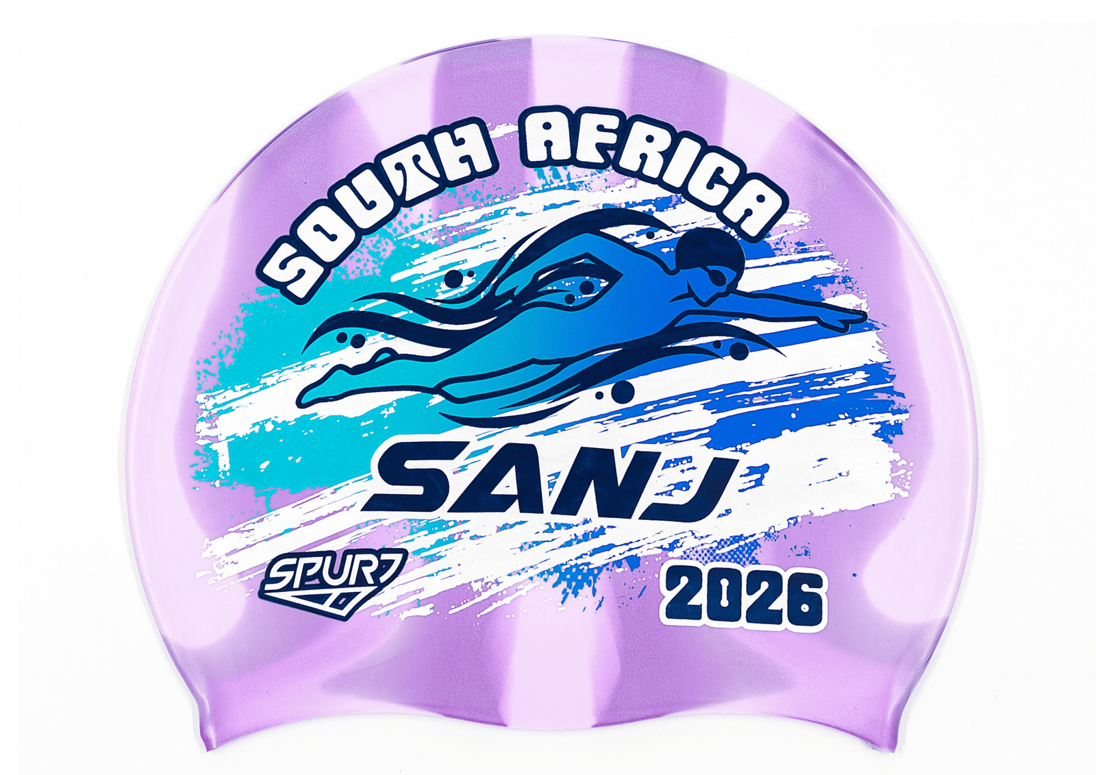 SANJ 2026 in Slanted Font and Grungy Brush on Mi110 Violet and Light Purple Vertical Stripes  Spurt Silicone Swim Cap