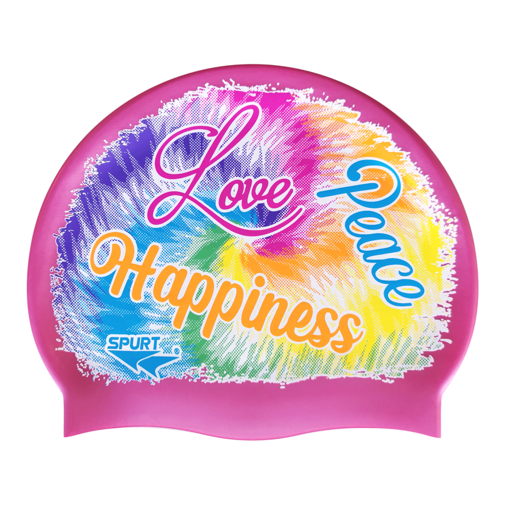 Peace, Love and Happiness over Tie-Dye Swirl on SH87 Dark Pink Spurt Silicone Swim Cap