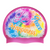 Peace, Love and Happiness over Tie-Dye Swirl on SH87 Dark Pink Spurt Silicone Swim Cap