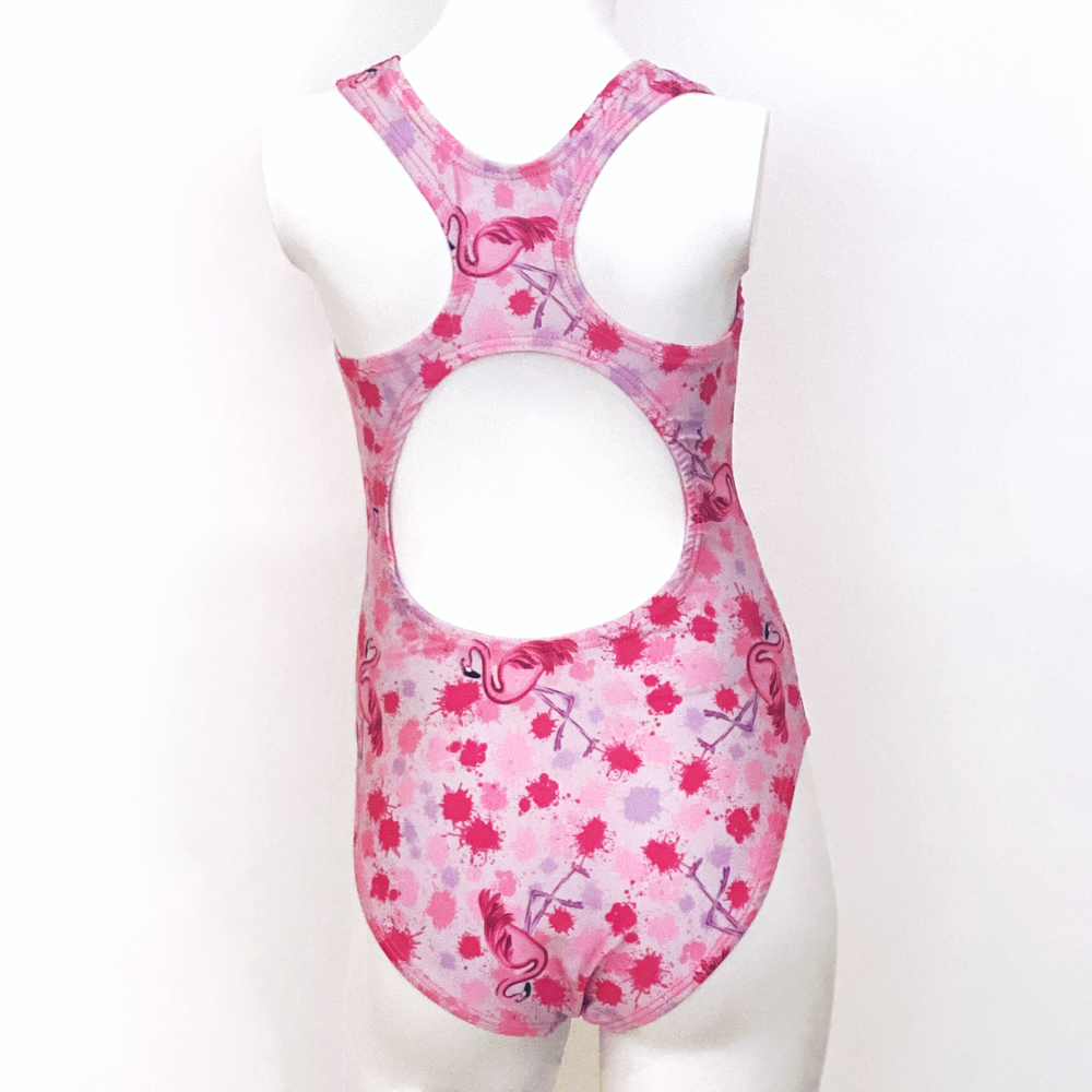 Kikx Extra Life Fastback Swimsuit in Full Print Flamingos in Splashes on Light Pink