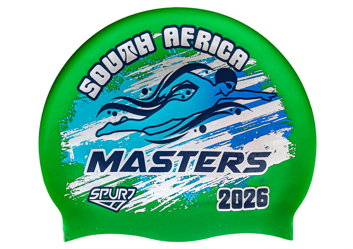 MASTERS 2026 in Slanted Font and Grungy Brush on F217 Mid Green  Spurt Silicone Swim Cap