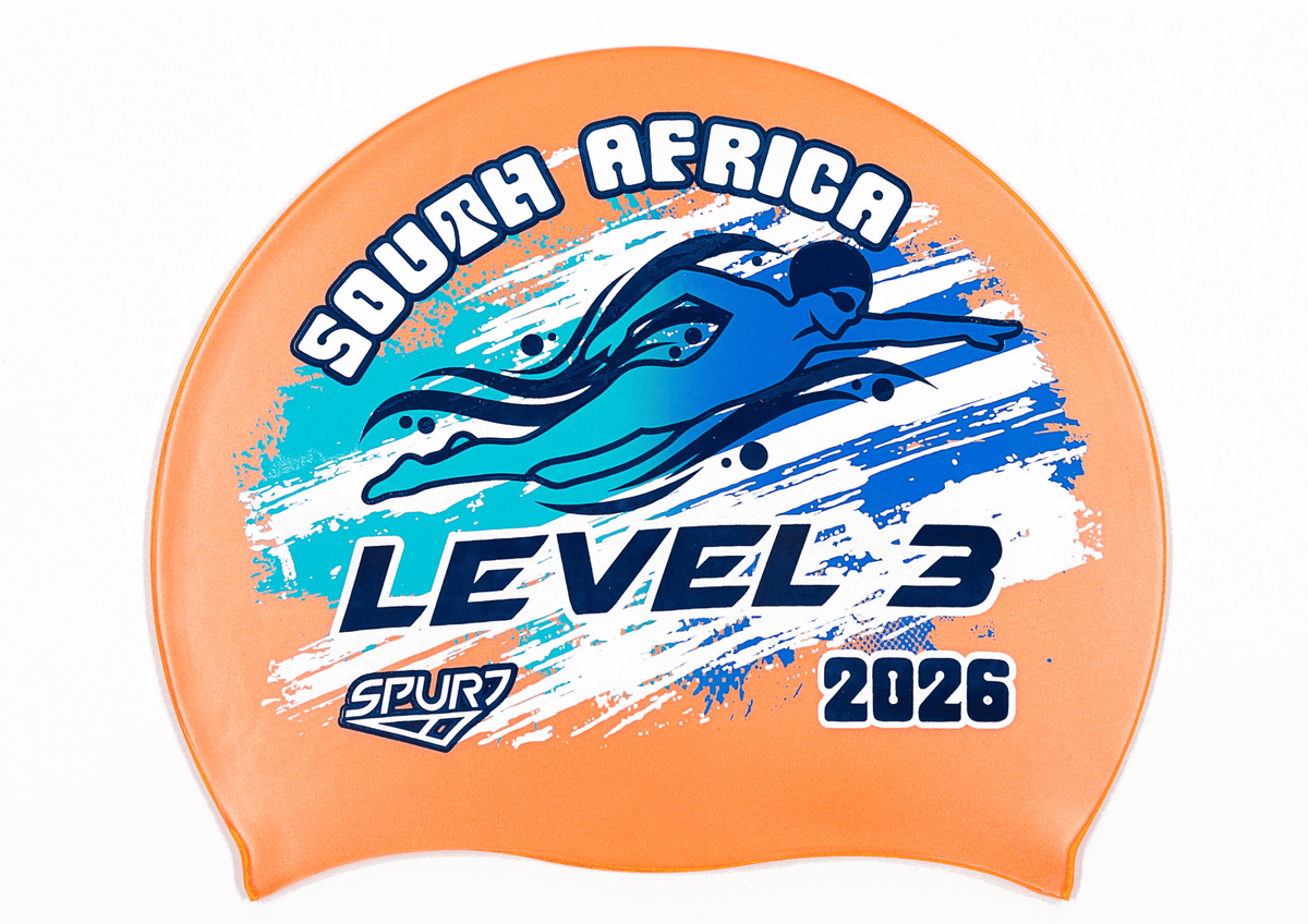 LEVEL 3 2026 in Slanted Font and Grungy Brush on SC19 Metallic Orange  Spurt Silicone Swim Cap
