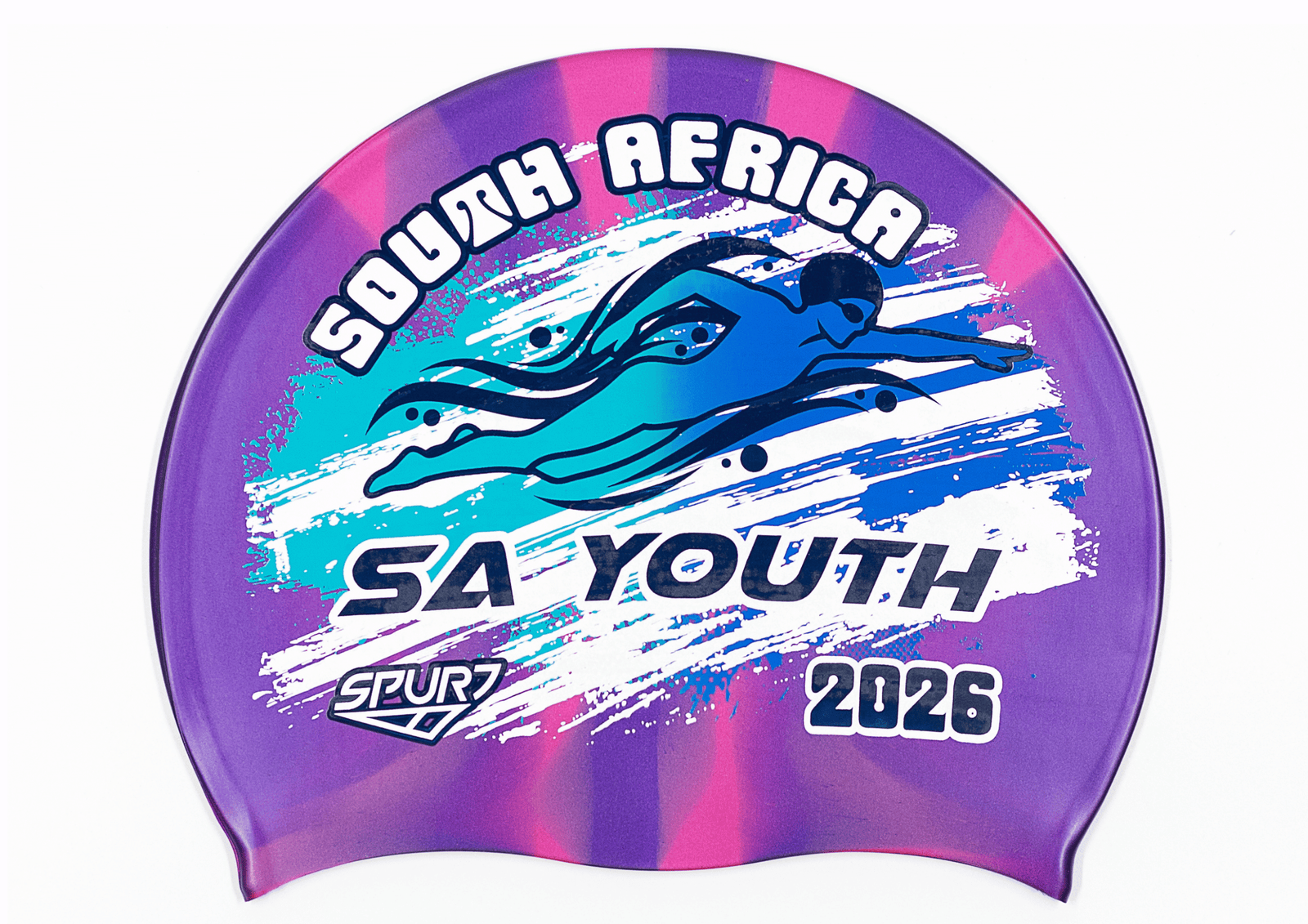 SA YOUTH 2026 in Slanted Font and Grungy Brush on Mi114 Dark Purple and Pink Vertical Stripes  Spurt Silicone Swim Cap