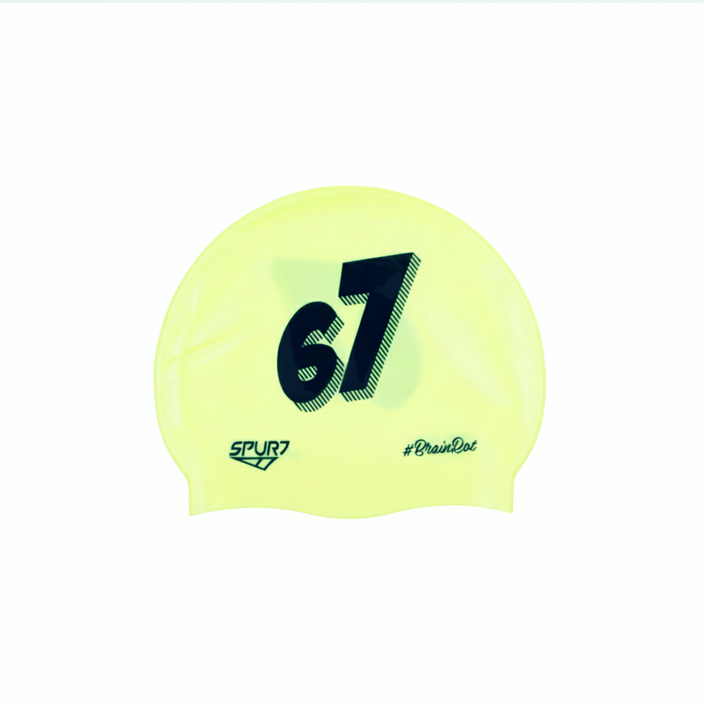 BrainRot 67 on SA17 Pale Neon Yellow Spurt Silicone Swim Cap