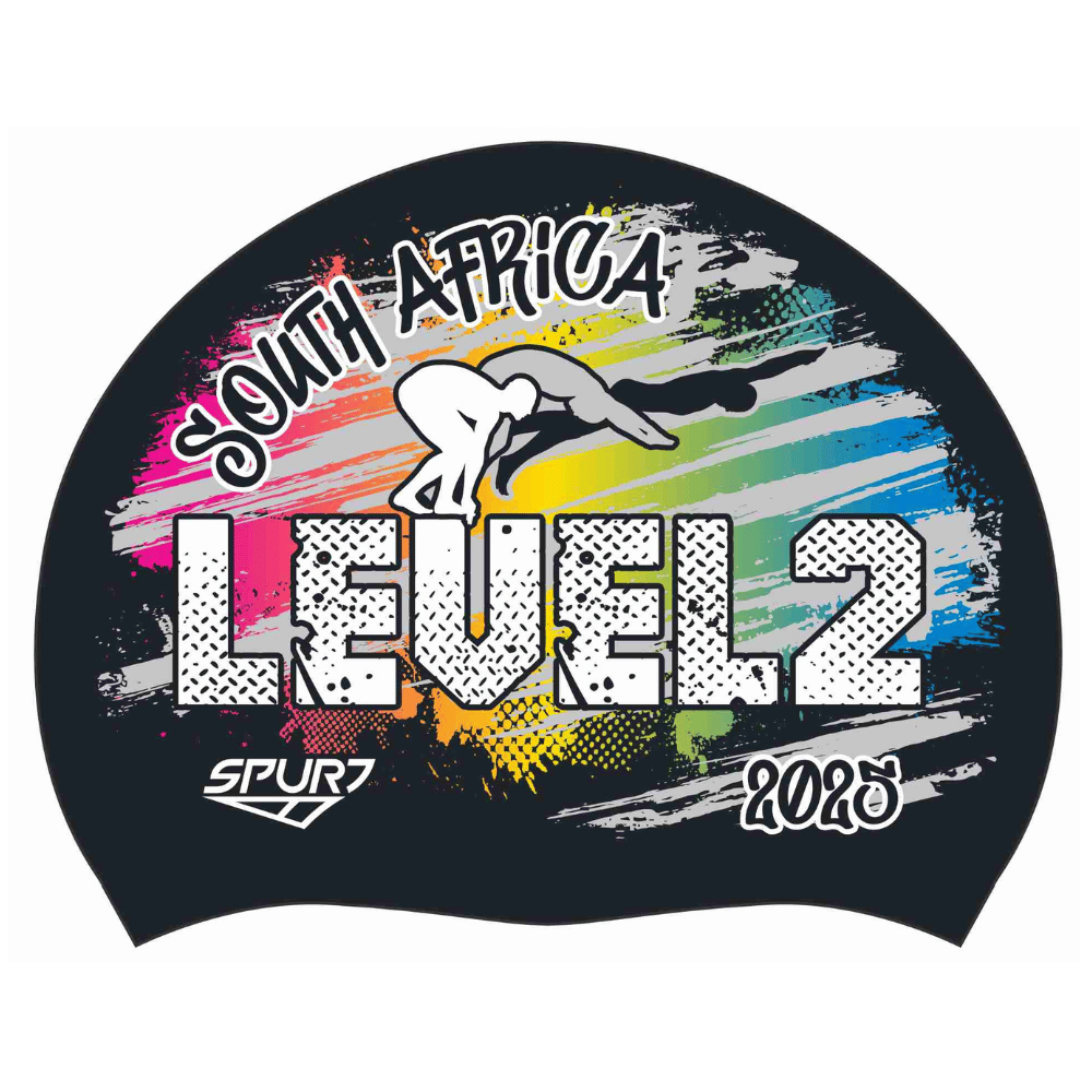 Level 2 2025 Rainbow blend behind Swimmer on SB14 Metallic Black Spurt Silicone Swim Cap