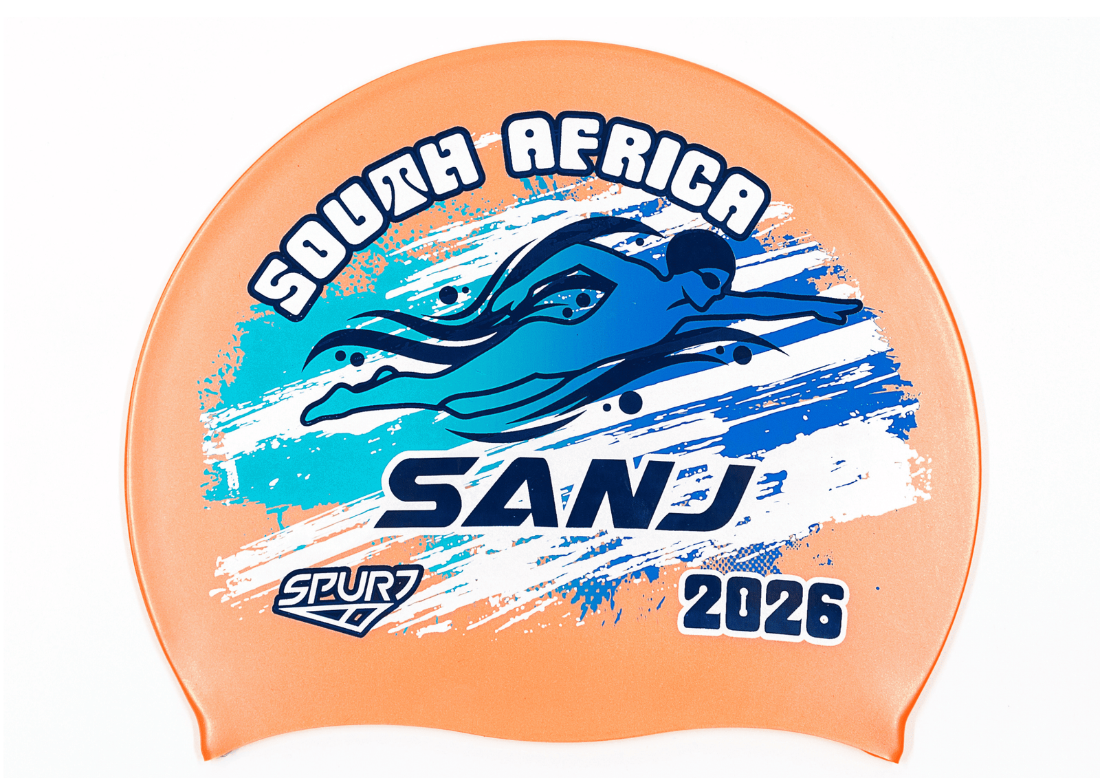 SANJ 2026 in Slanted Font and Grungy Brush on SC19 Metallic Orange  Spurt Silicone Swim Cap