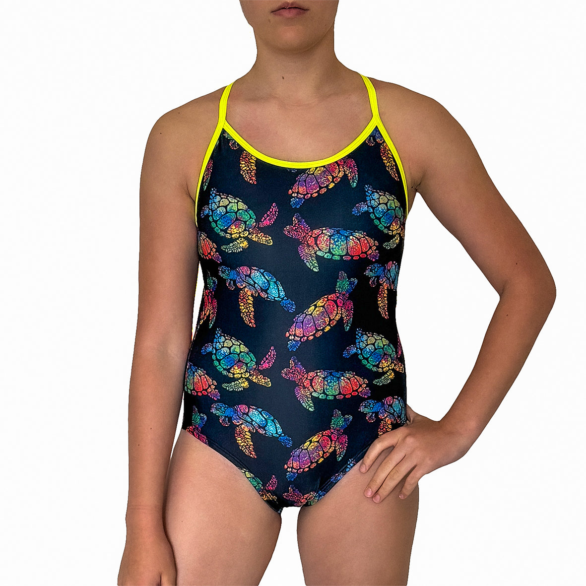 Kikx Extra Life Thin Strap Swimsuit in Larger Turtle Tango Print on Black Background with Neon Yellow Straps