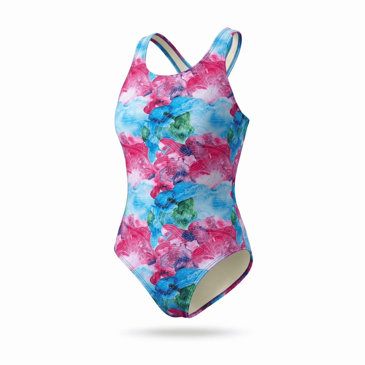 Kikx Extra Life Fastback Swimsuit in Pink Wave Kaleidoscope Design