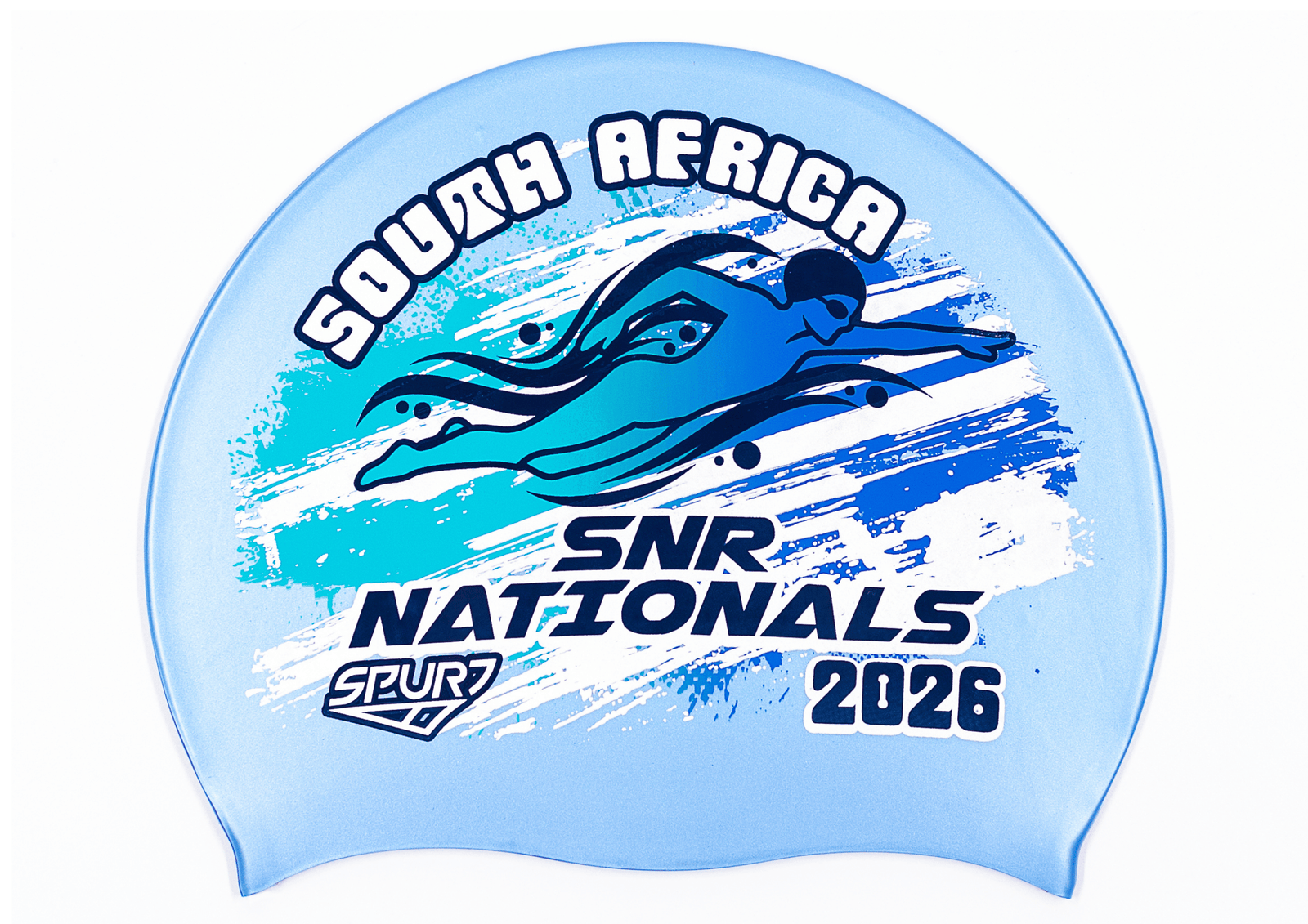 SANS 2026 in Slanted Font and Grungy Brush on SB12 Lavender Blue Spurt Silicone Swim Cap