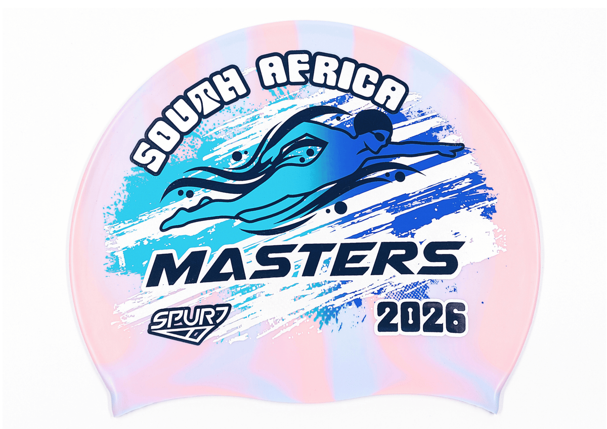 MASTERS 2026 in Slanted Font and Grungy Brush on Mi126 Light Pink &amp; Light Blue Vertical Stripes Spurt Silicone Swim Cap