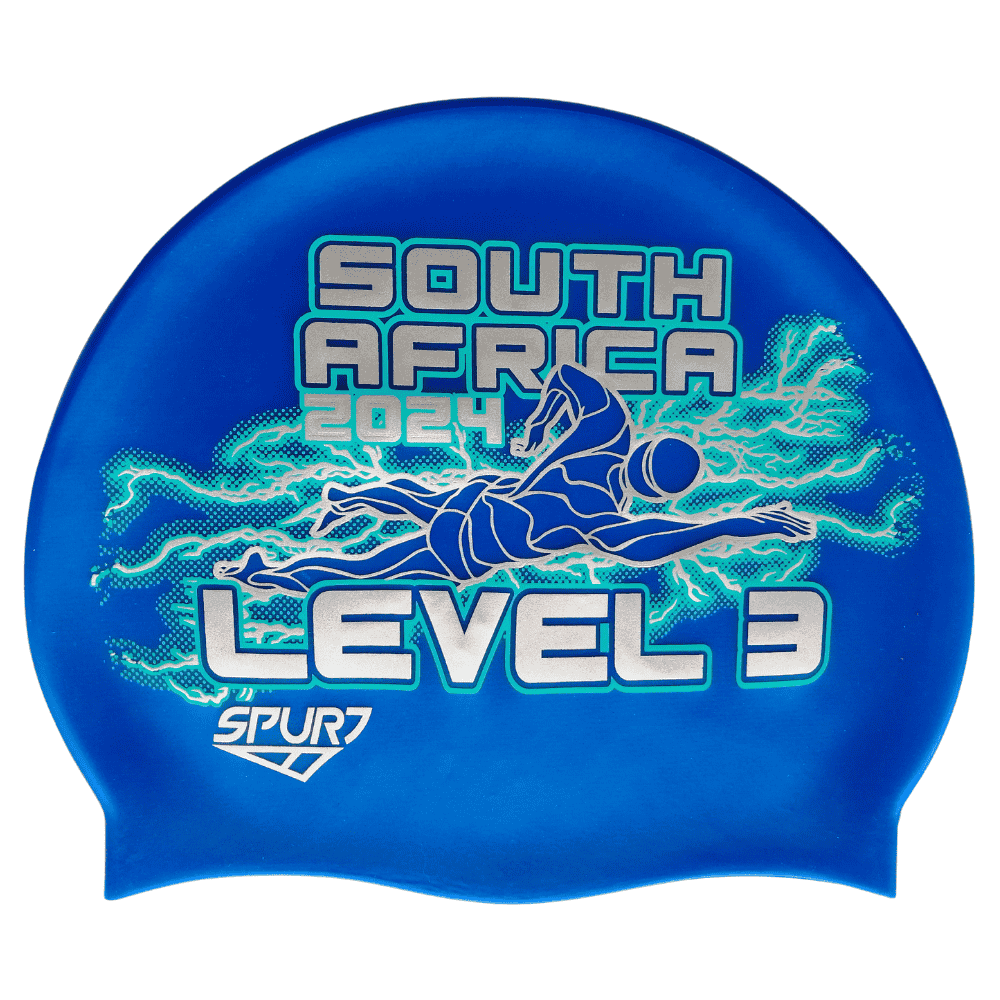 Level 3 2024 Lightning behind Swimmer on SH71 Ocean Blue Spurt Silicone Swim Cap