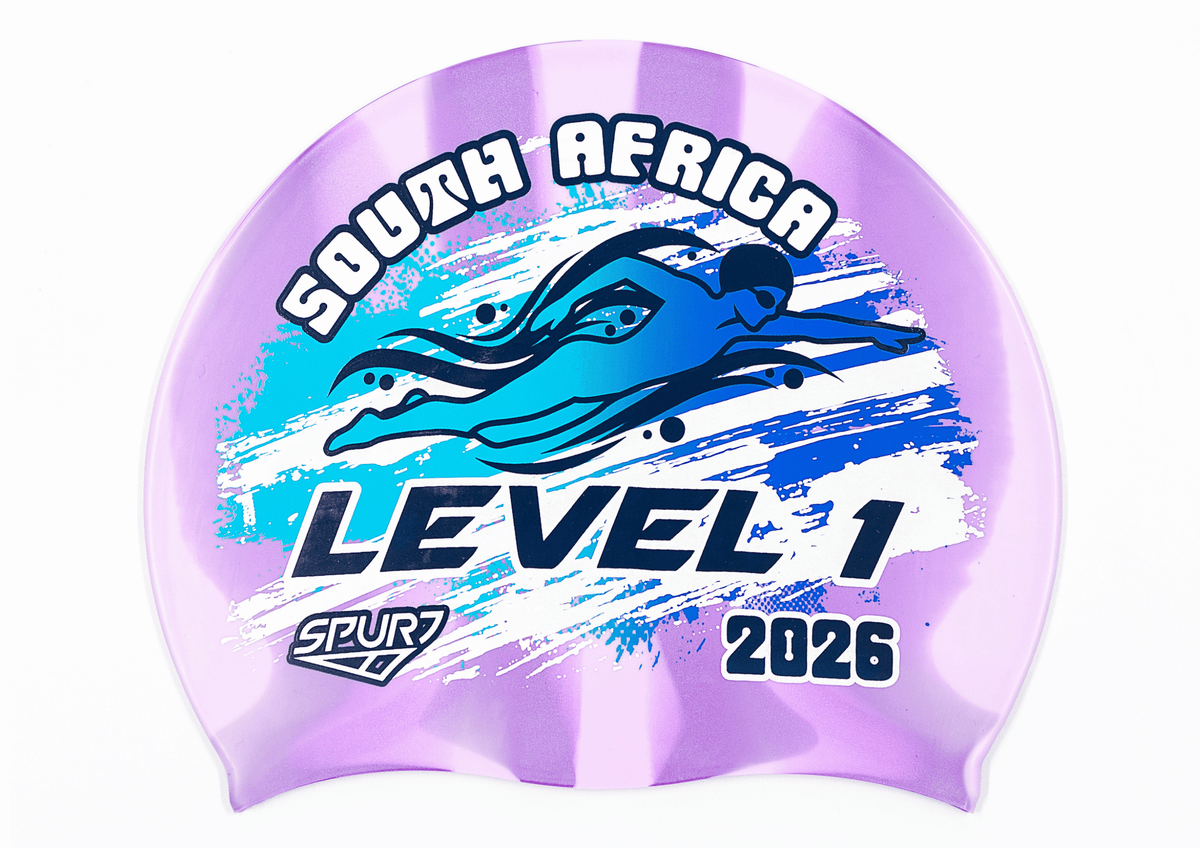 Level 1 2026 in Slanted Font and Grungy Brush on Mi110 Violet &amp; Light Purple Vertical Stripes Spurt Silicone Swim Cap