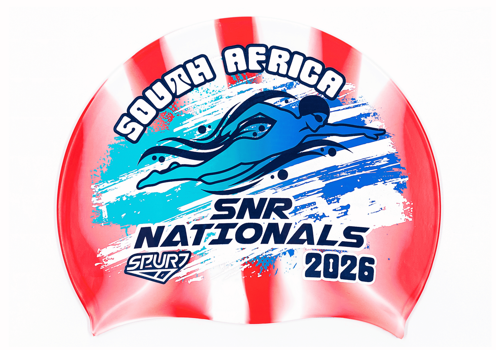 SANS 2026 in Slanted Font and Grungy Brush on Mi139 Red and White Vertical Stripes  Spurt Silicone Swim Cap