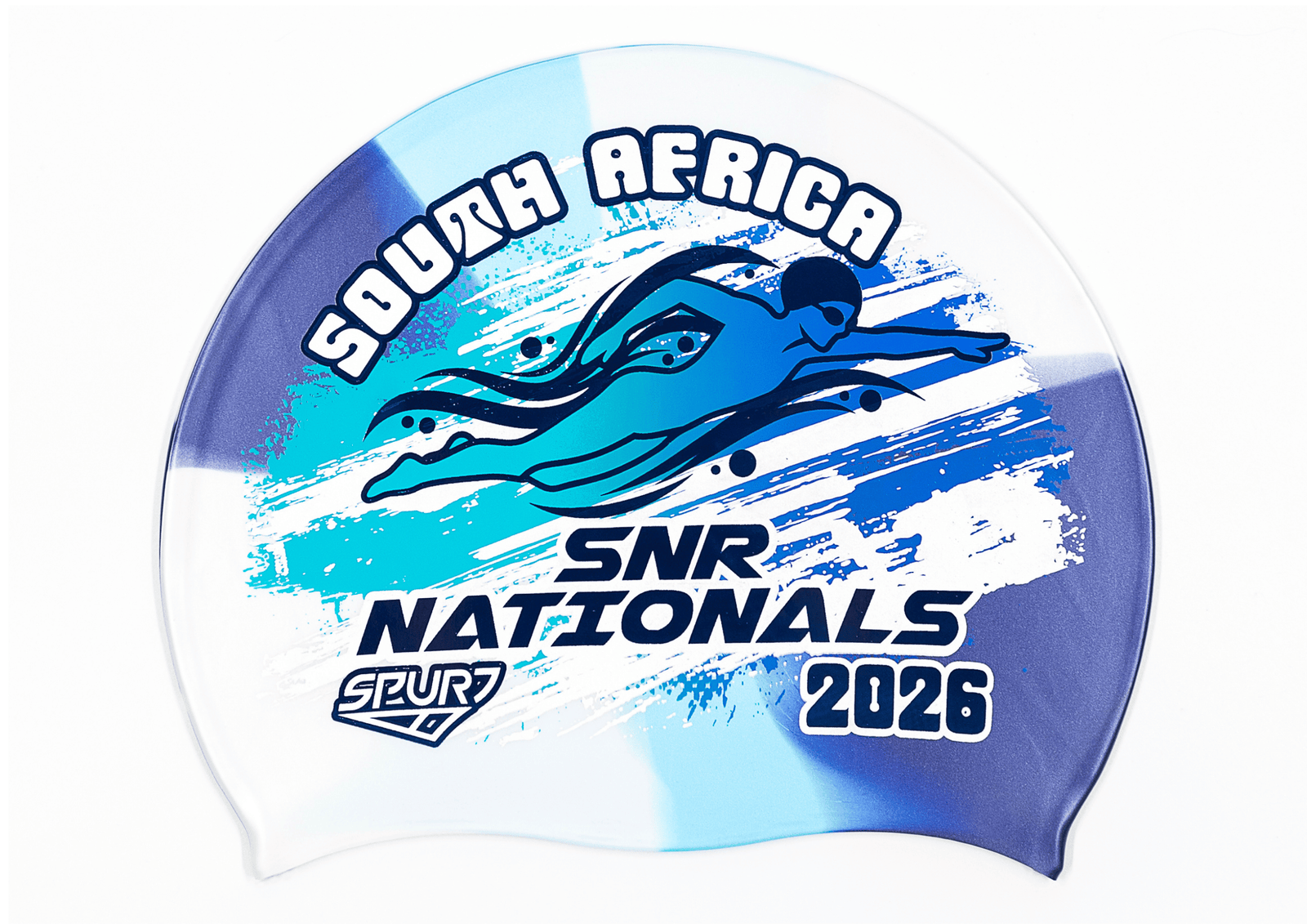 SANS 2026 in Slanted Font and Grungy Brush on MS150 Navy, Light Blue and Ice Blue Dappled Blend  Spurt Silicone Swim Cap